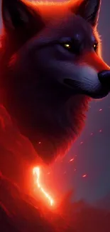 Majestic wolf head glowing in fiery red-orange lava landscape.