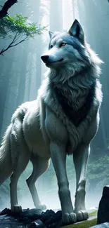 Majestic wolf standing in a misty forest with sunlight filtering through trees.