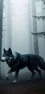 A majestic wolf walks through a misty forest, surrounded by tall trees.