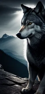 Majestic wolf under moonlight in mountain landscape.