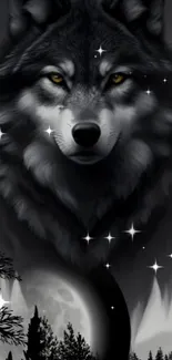 A majestic wolf with piercing eyes against a moonlit forest backdrop.