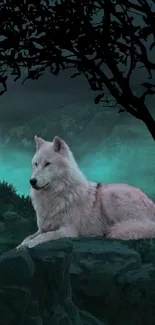 Majestic white wolf rests in a moonlit teal forest, exuding tranquility.