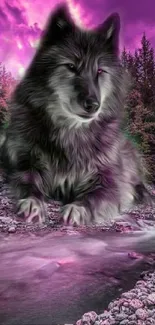 Majestic wolf in a purple forest with a serene creek.