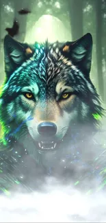 A majestic wolf stands in a mystical forest, surrounded by greenery and fog.