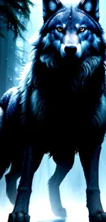 Majestic wolf standing in a mystical forest under a blue ambiance.