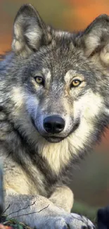 Close-up of a majestic wolf resting in nature with autumn colors.