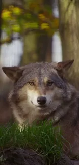 Majestic wolf standing in a tranquil forest setting, showcasing natural beauty.