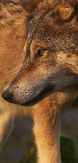 Close-up of a majestic wolf in natural lighting.