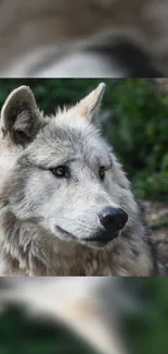 A majestic wolf gazing sideways amidst lush greenery in the forest.