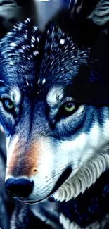 Majestic wolf artwork with blue-gray tones.