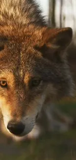 Majestic wolf in natural forest setting, close-up.