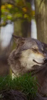 Majestic wolf resting in a tranquil forest setting, surrounded by lush greenery.