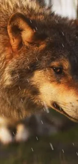 Majestic wolf in rain with detailed textures and natural beauty.