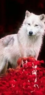 Majestic white wolf standing in vibrant red forest backdrop.