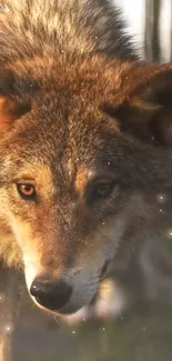 Majestic wolf in the forest with sparkling highlights, capturing nature's beauty.