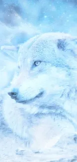 Majestic wolf resting in snowy landscape wallpaper.