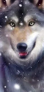 Majestic wolf in snowy landscape mobile wallpaper.