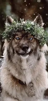 Majestic wolf with leaf crown in snowy forest.