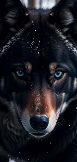 Majestic wolf with piercing eyes in a snowy forest background.