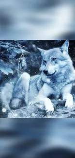 Majestic wolf resting in snowy forest wallpaper.