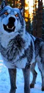 Majestic wolf standing in snowy forest