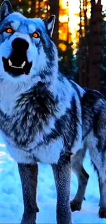 Majestic wolf stands in snowy forest, gazing intensely.