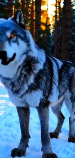 Majestic wolf standing in snowy forest with glowing orange eyes.