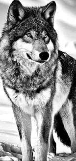 Majestic wolf standing in snow, sharp gaze.