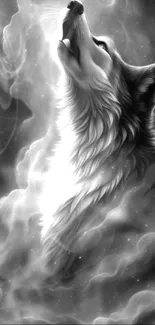 Surreal artwork of a howling wolf with cosmic background.