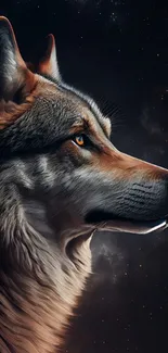 Majestic wolf portrait against a cosmic background with stars and galaxy view.