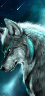 Majestic wolf gazing at a turquoise starry night.