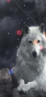 Majestic white wolf under stormy dark clouds.