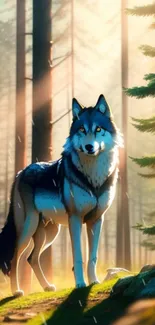 Majestic wolf stands in a sunlit forest background.