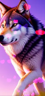 Majestic wolf in a vibrant purple sunset, perfect for mobile wallpaper.