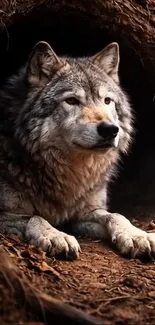 Majestic wolf resting in a forest den.