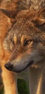 Close-up of a majestic wolf in a forest setting, with soft sunlight.