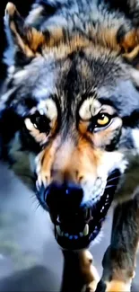 Majestic wolf staring fiercely in the wild.