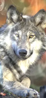 Majestic gray wolf in natural forest setting.