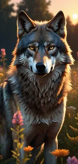 Majestic wolf stands among colorful wildflowers at sunset.