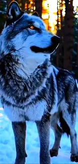 A majestic wolf stands in a snowy forest under a dark blue sky.