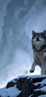 Wolf stands atop a snowy mountain, staring forward.