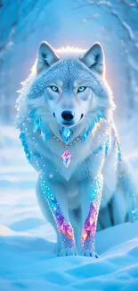 Mystical ice wolf with crystal accents in a snowy forest.