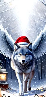 Winged wolf in a snowy winter wonderland, featuring festive decorations.