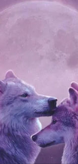 Two purple wolves under a moonlit sky.