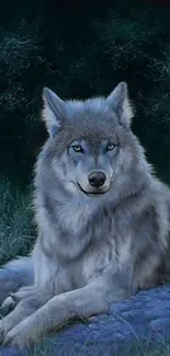 Majestic wolf resting in a serene, dark forest with blue hues.