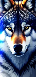 Majestic wolf portrait with glowing eyes on a dark blue background.