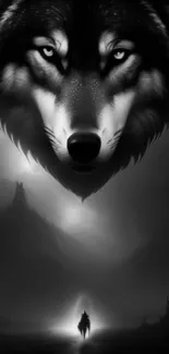 Majestic wolf in grayscale mobile wallpaper with mysterious figure.