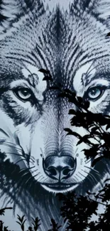 Majestic wolf's face with silhouetted leaves in artistic style.