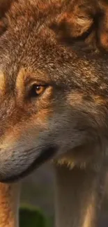 Close-up shot of a majestic wolf with brown fur and golden eyes.