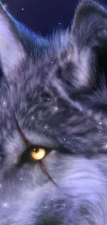 Close-up of a wolf with piercing yellow eyes against a dark blue background.